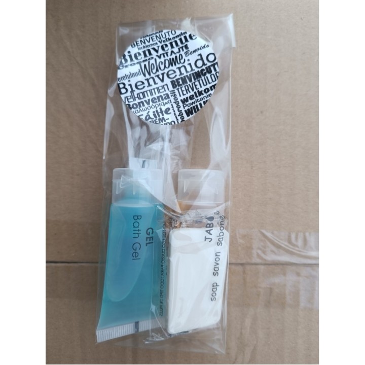 Kit bienvenida gel 20g-champú20g-jabon10g-set dental (cj. 50 un.)