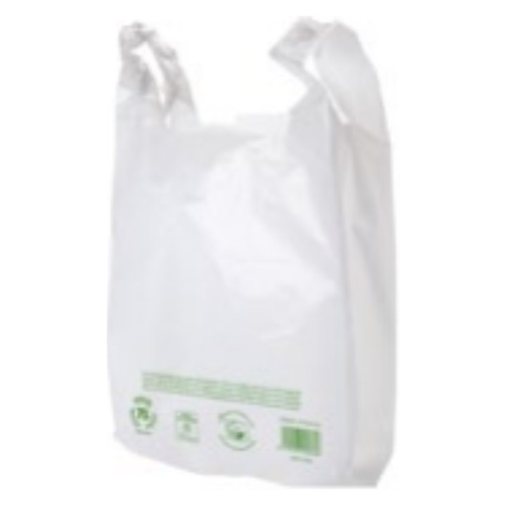 Bolsa camiseta 42/28x53 cm. 70% reciclada g-200 blanco (pq. 10 un. 1 kg.)