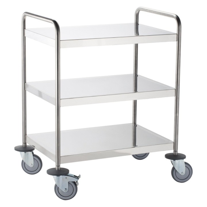 Carro acero inox 3 bandejas con asas 1 rueda con freno