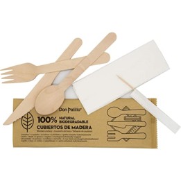Set madera (cuchara, tenedor, cuchillo, palillo) + servilleta (pq. 50 un.)