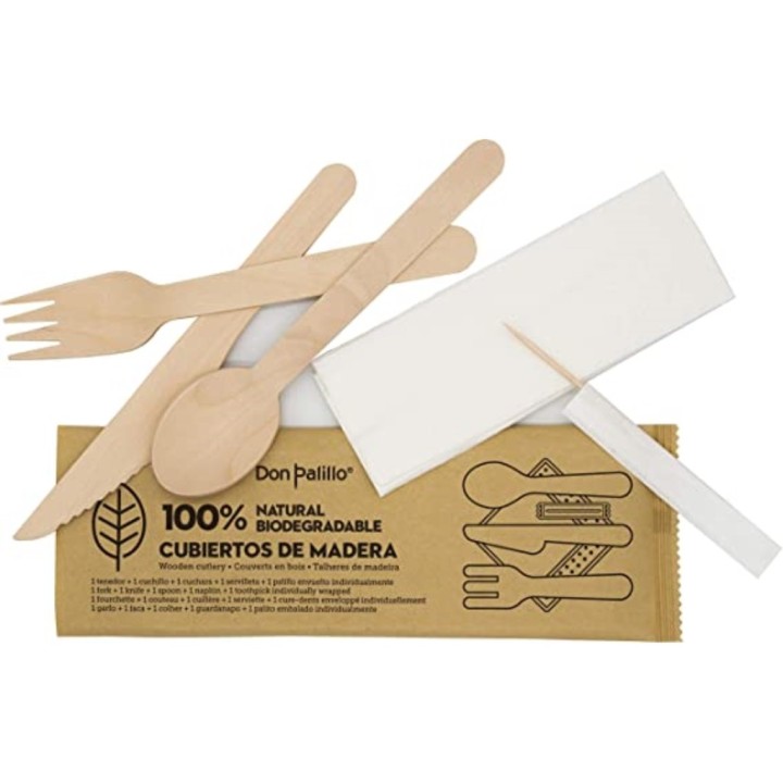 Set madera (cuchara, tenedor, cuchillo, palillo) + servilleta (pq. 50 un.)